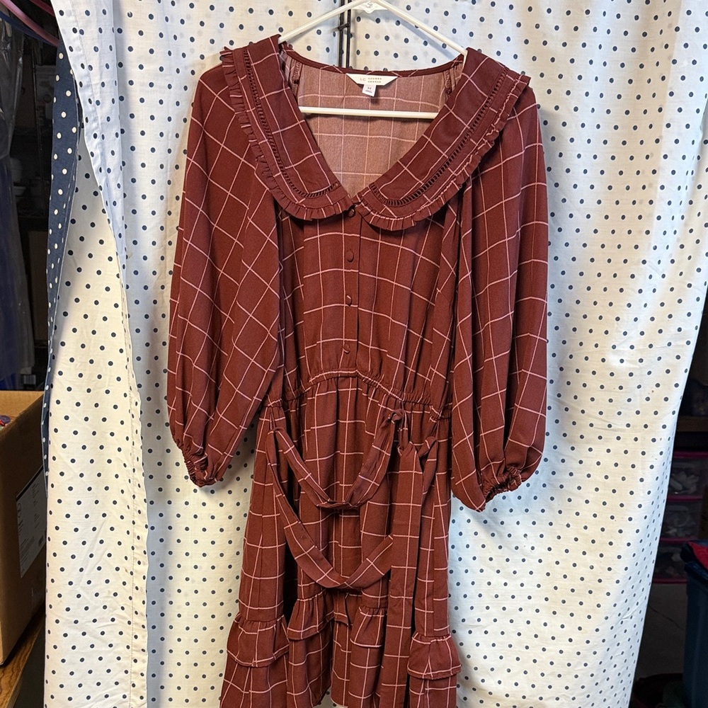 LC Lauren Conrad Checkered Long Sleeve Dress in Rust